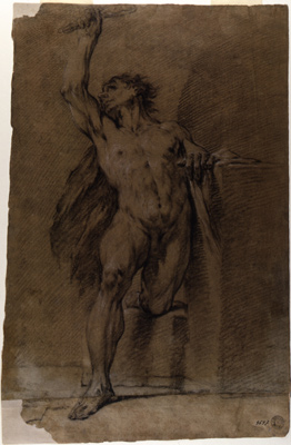 Viani Domenico Maria-Figura virile ignuda vista di fronte, col ginocchio sinistro su un supporto, la mano mancina appoggiata a un piedistallo, il braccio destro alzato con un oggetto in mano e la testa riversa volta a sinistra